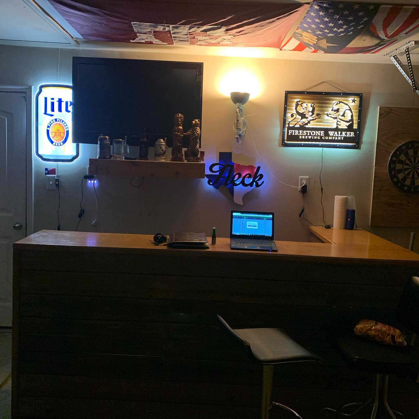 wood garage bar ceiling flags illuminated signs 